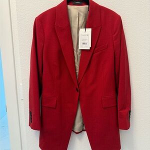 Theory Red Blazer Single-Breasted Notched Lapel
